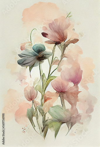 Beautiful watercolor flowers  using pink  pale  natural colours in a antique style. Generative AI.