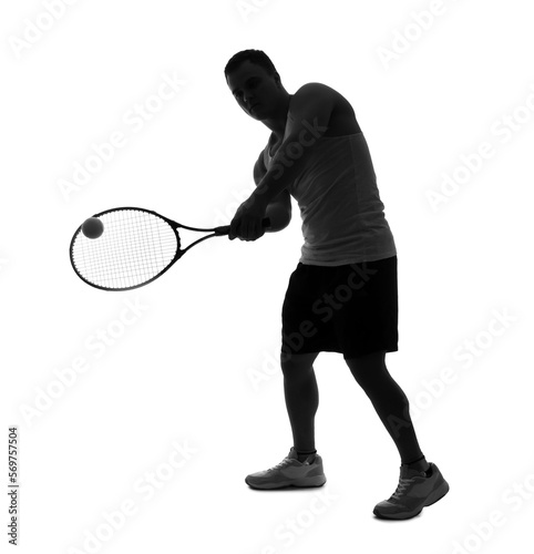 Silhouette of young man playing tennis on white background © Pixel-Shot