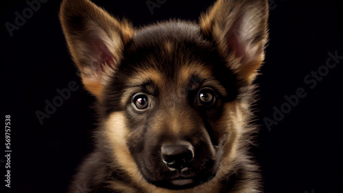 German shepherd puppy on a black background. Close-up portrait. created by AI
