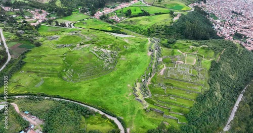 Sacsayhuaman or Saqsaywaman is one of the Inca's ruins constructions as Machu Picchu. Cusco, Peru. Aerial above view drone high resolution 4k photo