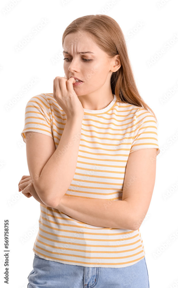 Young woman biting nails on white background Young woman biting nails on white background