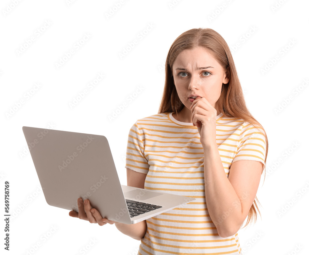 Young woman with laptop biting nails on white background Young woman with laptop biting nails on white background