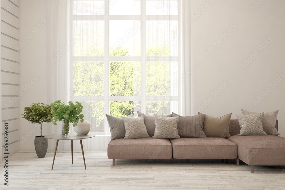White living room with sofa and summer landscape in window. Scandinavian interior design. 3D illustration White living room with sofa and summer landscape in window. Scandinavian interior design. 3D illustration