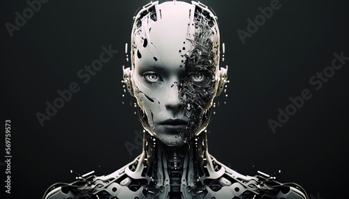 Futuristic AI Android in cinematic lighting, photoreal, realism, porcelan skin created with generative ai technology