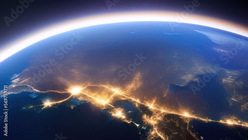 earth planet at night viewed from space with white city lights showing activity, Generative AI