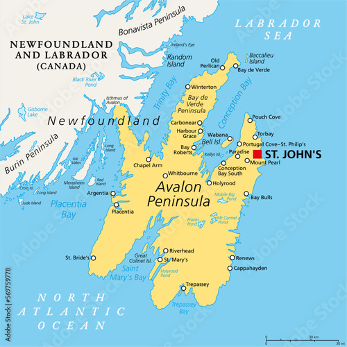 Avalon Peninsula, political map. Southeast portion of island of Newfoundland, off the coast of mainland North America, part of Canadian province of Newfoundland and Labrador, with capital St. John's.