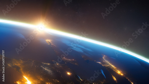 earth planet at night viewed from space with white city lights showing activity, Generative AI