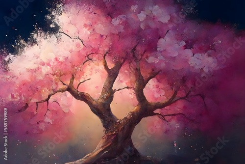 A colorful watercolor illustration of pink cherry blossom tree. Symbolizes beauty, ephemeral nature, cultural identity, and tradition