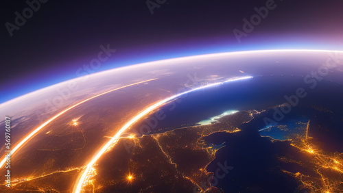 earth planet at night viewed from space with white city lights showing activity, Generative AI