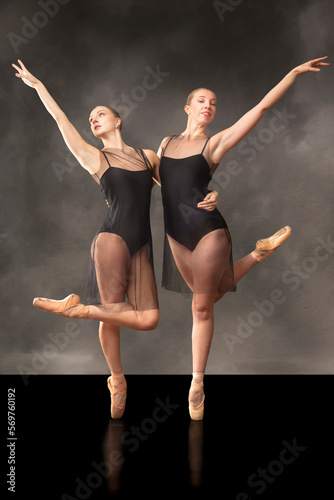 Two young female ballet dancers perform in a Connecticut studio.