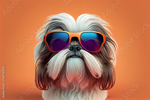 Shih-tzu dog with sunglasses on solid color background, focus on face, vector art, polycount, faceted. © andrenascimento