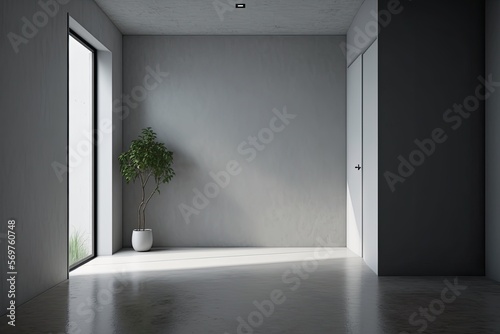 abstract blank wall simple interior with natural lighting. white grey colored design interior with wall for mock up. natural lighting with open window. generative ai illustration