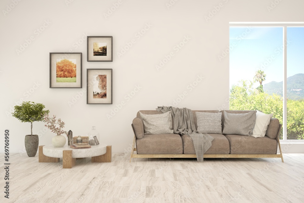 Fototapeta premium Minimalist living room in white color with sofa and summer landscape in window. Scandinavian interior design. 3D illustration
