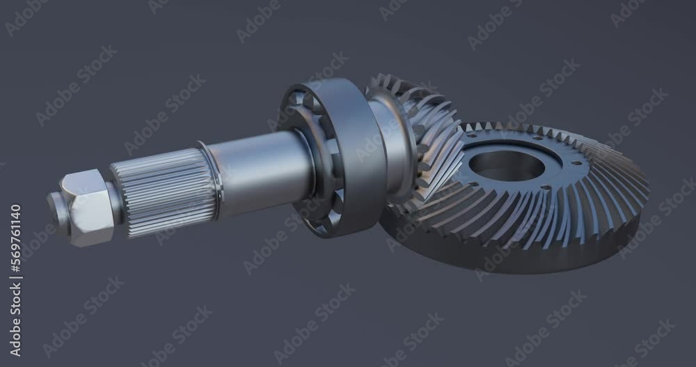 Spiral bevel gear assembly. The pinion meshes nicely with the ring gear.