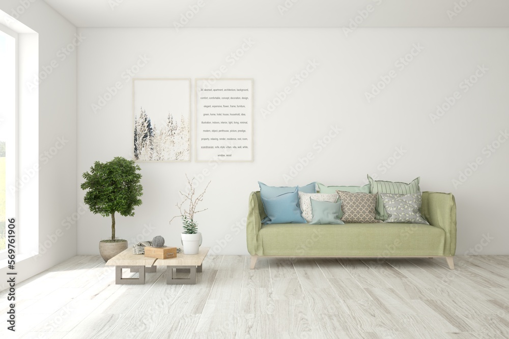 Fototapeta premium White living room with sofa. Scandinavian interior design. 3D illustration