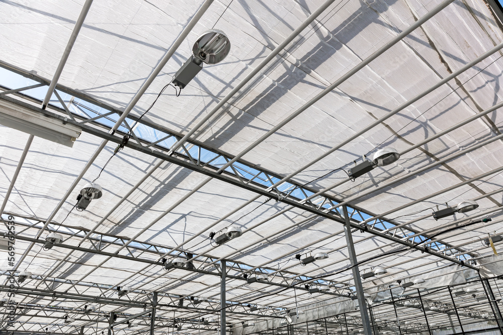glass roof of modern greenhouse with lamps for lighting plants glass roof of modern greenhouse with lamps for lighting plants