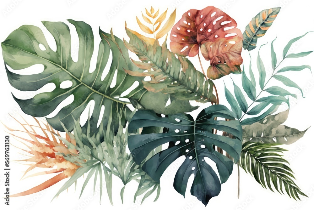 Obraz premium Floral and monstera deliciosa leaves watercolor painting. Generative AI