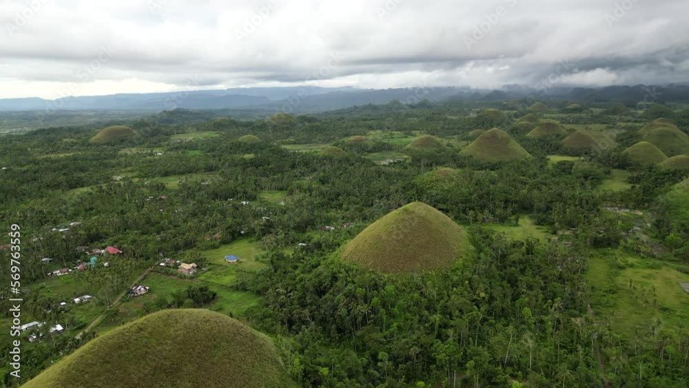 Aerial view of chocolate hills, which with yellowed grass really