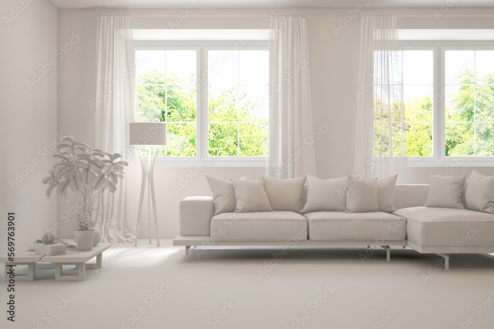 Fototapeta premium White living room with sofa and summer landscape in window. Scandinavian interior design. 3D illustration