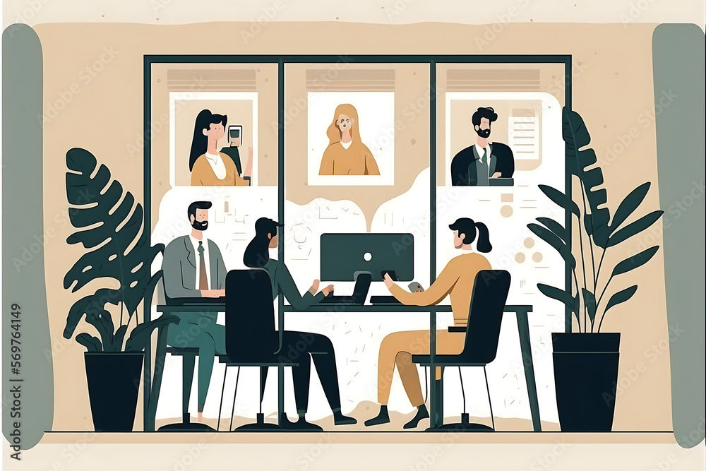 Fototapeta premium Flat vector illustration Business people are participating in an online meeting in a joint office 
