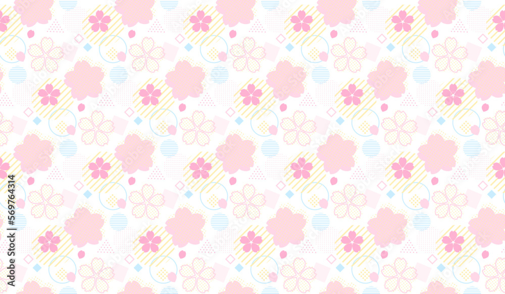抽象的な幾何学図形と桜の花のシームレスパターン背景素材　爽やか