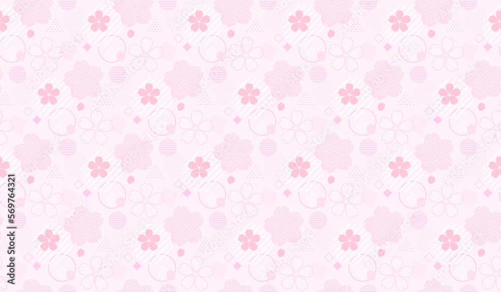 抽象的な幾何学図形と桜の花のシームレスパターン背景素材　はんなりパステル