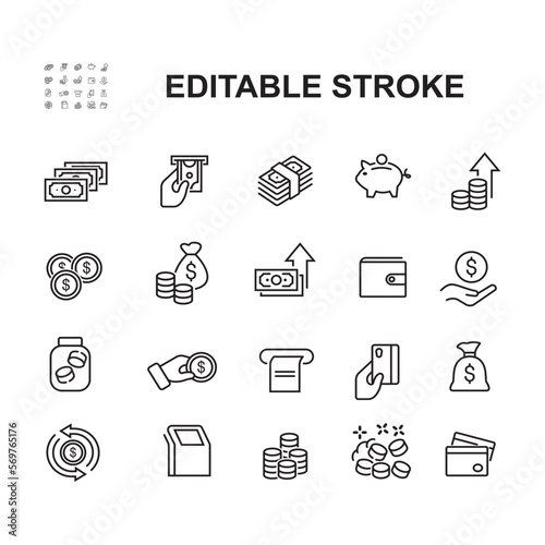 Simple Set of Money Related Vector Line Icons. Contains such Icons as Wallet, ATM, Bundle of Money, Hand with a Coin and more. Editable Stroke.
