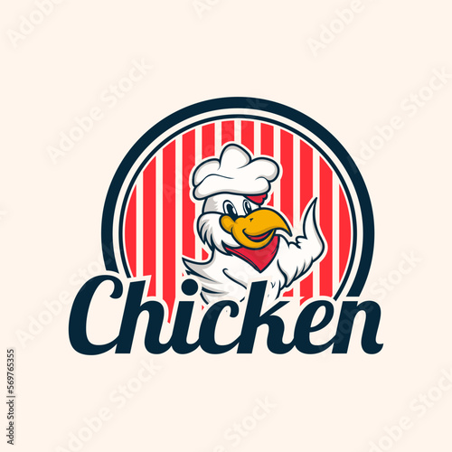 Fried chicken rooster chef mascot logo for food restaurant concept branding in vector cartoon style