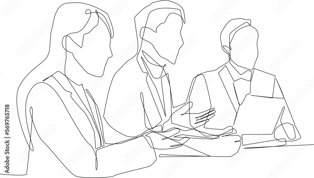 Single one line drawing office workers discussing project or report in front of laptop at office. Brainstorming team. Business meeting concept. Continuous line draw design graphic vector illustration Single one line drawing office workers discussing project or report in front of laptop at office. Brainstorming team. Business meeting concept. Continuous line draw design graphic vector illustration