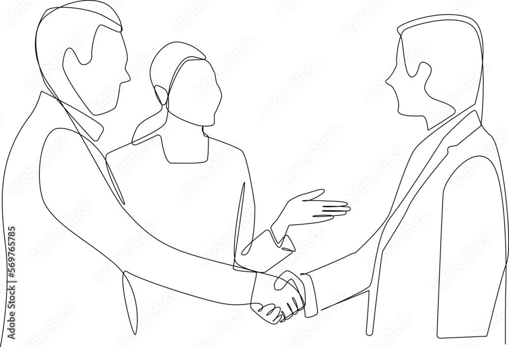 Single one line drawing office manager shaking hands with his colleague at business meeting. Brainstorming team. Business meeting concept. Continuous line draw design graphic vector illustration. Single one line drawing office manager shaking hands with his colleague at business meeting. Brainstorming team. Business meeting concept. Continuous line draw design graphic vector illustration.