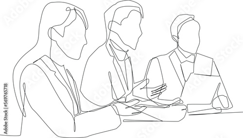 Single one line drawing office workers discussing project or report  in front of laptop at office. Brainstorming team. Business meeting concept. Continuous line draw design graphic vector illustration
