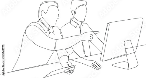 Single one line drawing Boss and employees discussing project in font of computer. Brainstorming team. Business meeting concept. Continuous line draw design graphic vector illustration.