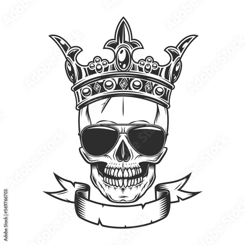 Vintage scary skull in royal crown concept with ribbon and sunglasses accessory to protect eyes from bright sun isolated vector illustration