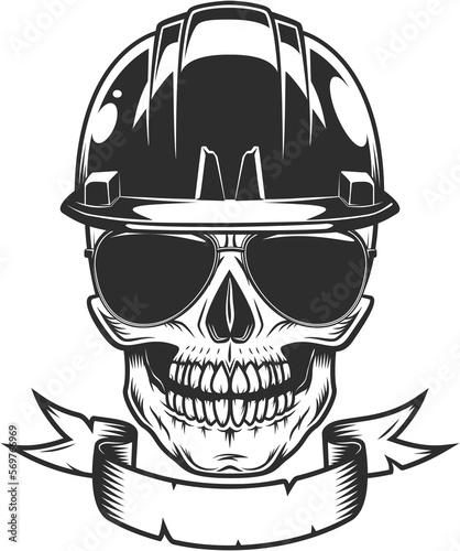 Skull in builder construction helmet hardhat concept with ribbon and sunglasses accessory to protect eyes from bright sun vintage isolated illustration