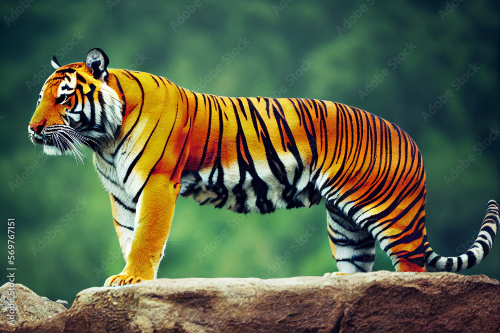 Fototapeta premium a big tiger walks on a rock against the backdrop of green nature, generative AI
