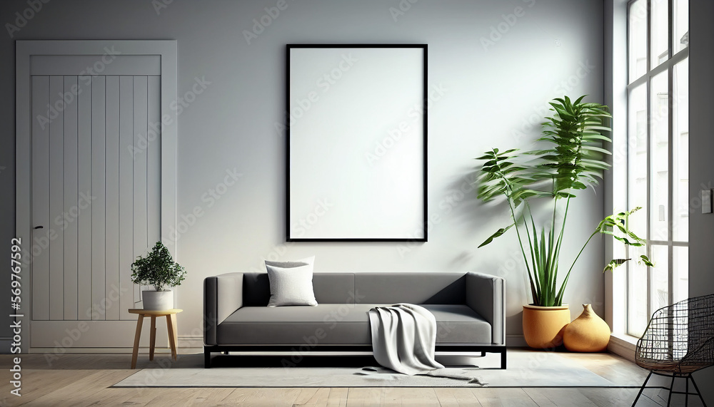 Interior of modern living room with empty space wall for poster mockup. Generative AI.