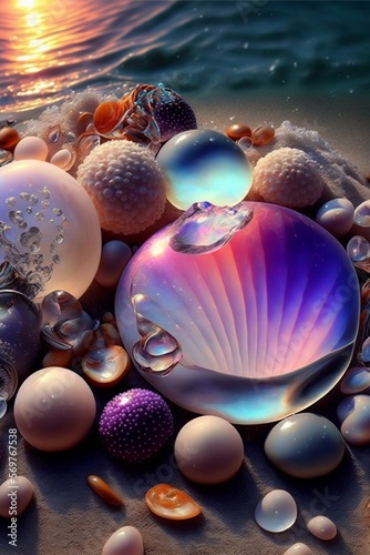 On the beach. There are many crystal clear pearl.. Generative Ai