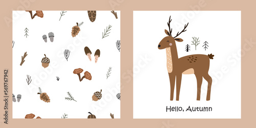 Hand drawn cute deer seamless pattern on white background. Vector illustration for nursery and textile decoration