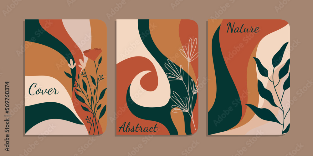 set of book cover designs with hand drawn floral decorations. abstract retro botanical background.size A4 For notebooks, planners, brochures, books, catalogs