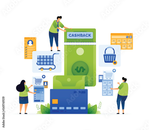 Vector illustration of Cashback Rewards in Your Shopping Experience. Get More Cashback. Benefits of Credit Card Cashback Programs. Can use for ad, poster, campaign, website, apps, social media