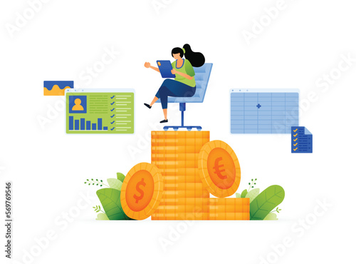 Vector illustration of Empowering Women Stability in Finance and Effective Accounting. Accounting Software and Coin Management. Can use for ad, poster, campaign, website, apps, social media
