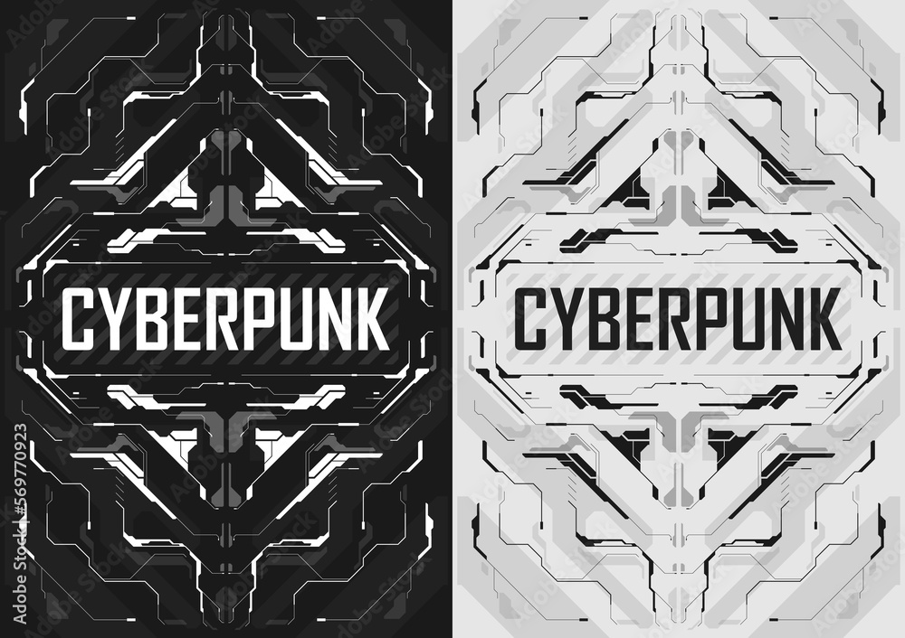 Cyberpunk futuristic poster set. Tech cyberpunk design for web and print template. Technology style flyer. Futuristic technology, black and white minimalistic design, inversion. Vector