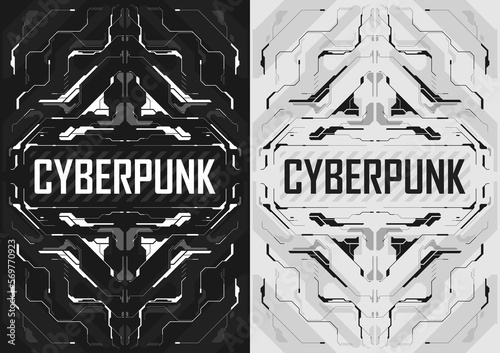 Obraz na płótnie Cyberpunk futuristic poster set. Tech cyberpunk design for web and print template. Technology style flyer. Futuristic technology, black and white minimalistic design, inversion. Vector w salonie