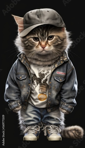 Photo Shoot of King of the Streets:A Majestic American Bobtail Animal Cat Rocked in Hip Hop Streetwear Fashion like Men, Women, and Kids (generative AI)