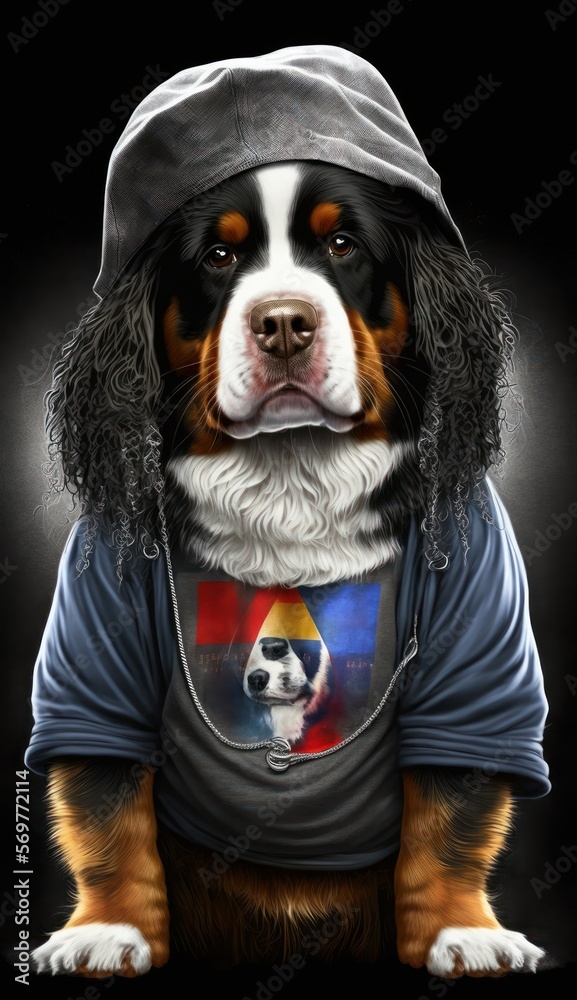Photo Shoot of King of the Streets:A Majestic Bernese Mountain Dog Animal Dog Rocked in Hip Hop Streetwear Fashion like Men, Women, and Kids (generative AI) Photo Shoot of King of the Streets:A Majestic Bernese Mountain Dog Animal Dog Rocked in Hip Hop Streetwear Fashion like Men, Women, and Kids (generative AI)