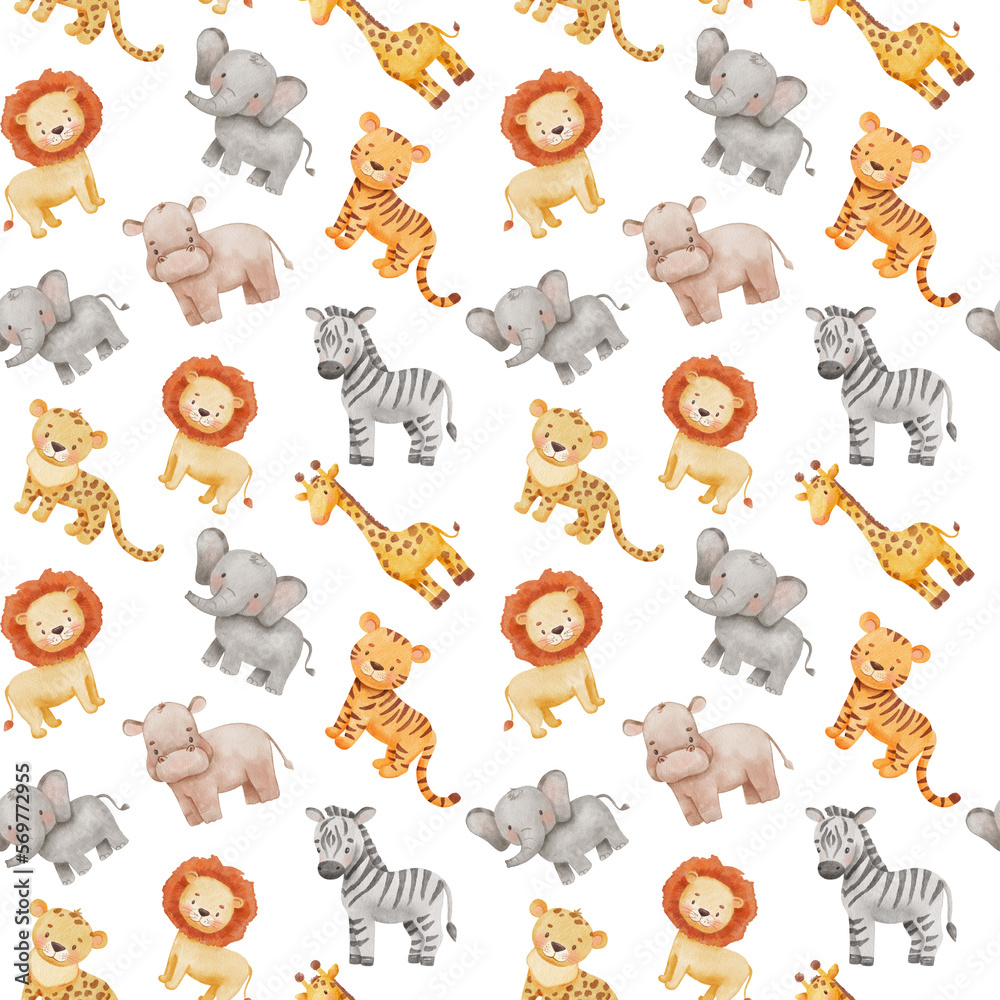 Fototapeta premium Childish seamless pattern with safari animals. Cute elephant, hippo and giraffe in cartoon style. Watercolor african baby wild animals on white background.