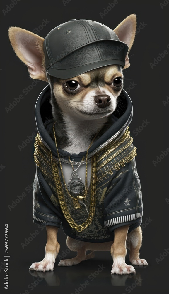 Photo Shoot of King of the Streets:A Majestic Chihuahua Animal Rocked in Hip Hop Streetwear Fashion like Men, Women, and Kids (generative AI)