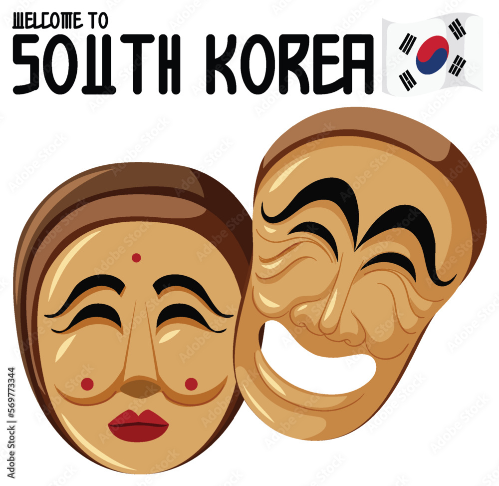 to South Korea text with traditional Korean mask Stock Vector