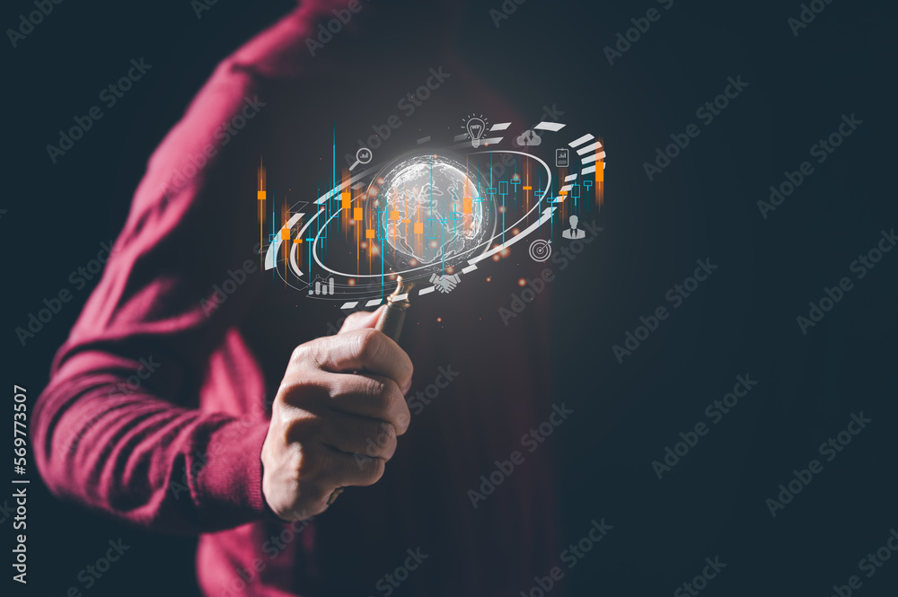 business and technology concept, man holding magnifying glass with virtual glob internet network and currency or stock trading graph, invesment online global economy business and technology concept, man holding magnifying glass with virtual glob internet network and currency or stock trading graph, invesment online global economy