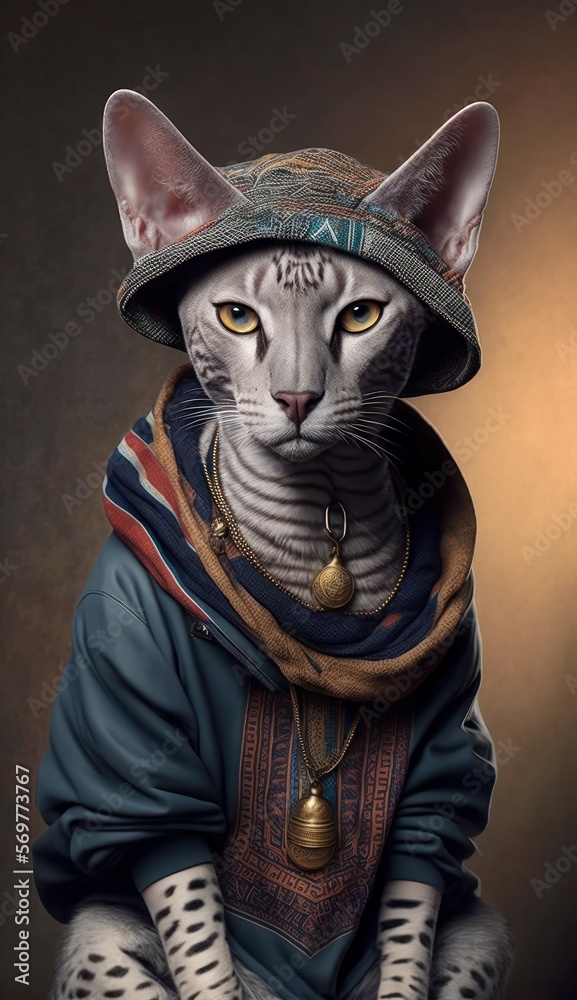 Photo Shoot of King of the Streets:A Majestic Egyptian Mau Animal Cat Rocked in Hip Hop Streetwear Fashion like Men, Women, and Kids (generative AI)